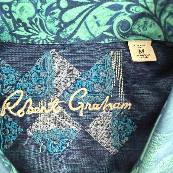 Robert Graham Woven Button Front Short Sleeve Shirt Teal Paisley Jacquard M - Picture 4 of 8